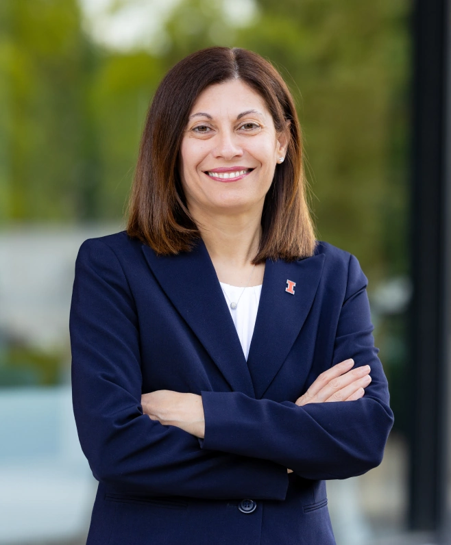 Dean Chrystalla Mouza, smiiling and looking confident