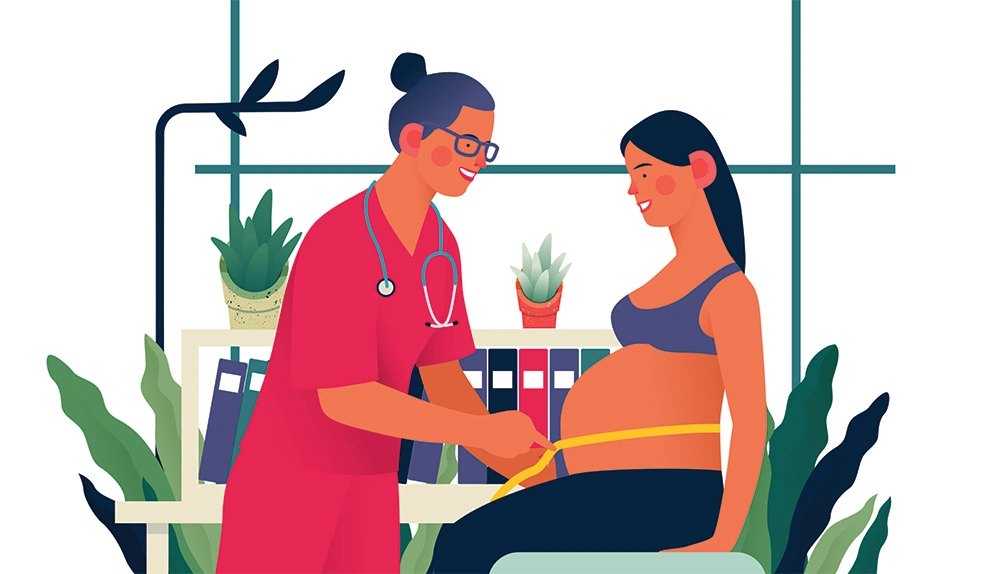 Cartoon of a pregnant woman being treated by a physician